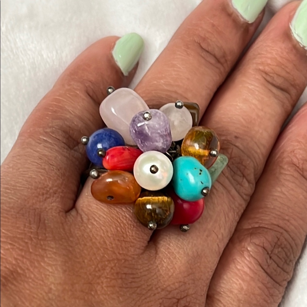 Multicolor Gemstone Cluster Ring 925 Sterling Sil… - image 1